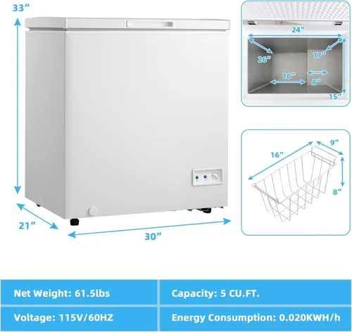 Vista 7 de PETSITE Congelador de pecho de 5 pies cúbicos, congelador profundo compacto con temperatura ajustable de 7 grados, cesta de almacenamiento extraíble