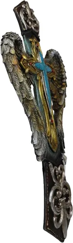 Vista 3 de Ebros Gift Rústico Southwest Fleur De Lis Silver Scroll Angel Wings Turquesa Piedra Cruz Decoración Placa de 14 pulgadas de alto Cristiano
