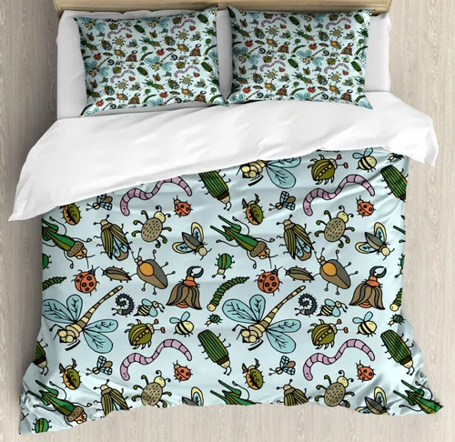 Vista 27 de Ambesonne Cartoon Duvet Cover Set, Pastel Animals Pattern Dragonflies Beetle Ladybug Earth Worm Spring, Decorative 3 Piece Bedding Set with 2 Pillow