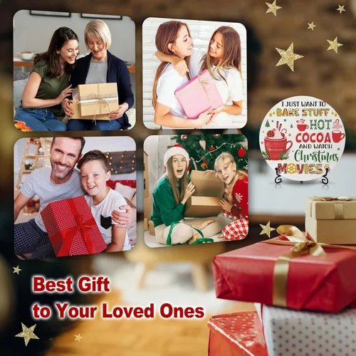Vista 4 de Decoraciones navideñas para el dormitorio del hogar, letrero redondo de madera de cacao caliente con soporte de hierro para estante de mesa de Hot