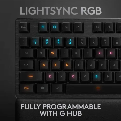 Vista 9 de Logitech G Teclado mecánico para juegos con retroiluminación RGB 513 con interruptores de teclas GX azules carbono