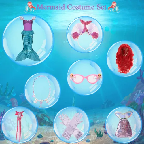 Vista 2 de ALIZIWAY Little Mermaid Costume Dress for Girls Kids Ariel Princess Birthday Halloween Cosplay with Wig Accessories