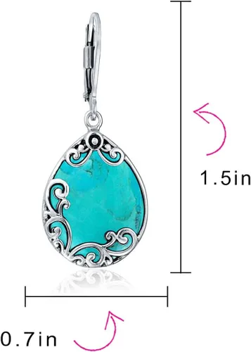 Vista 4 de Aretes colgantes bohemios occidentales con piedras semipreciosas, grandes y planas, lágrima, filigrana, palanca de desplazamiento, para mujer, plata