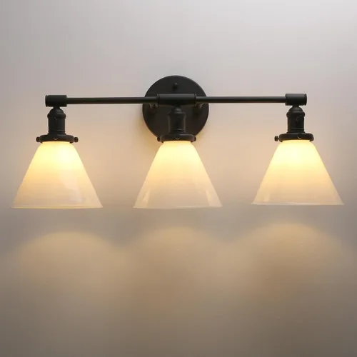 Vista 15 de PERMO Aplique doble vintage industrial negro 2 luces apliques de pared con embudo de vidrio acampanado pantalla de vidrio de leche antiguo