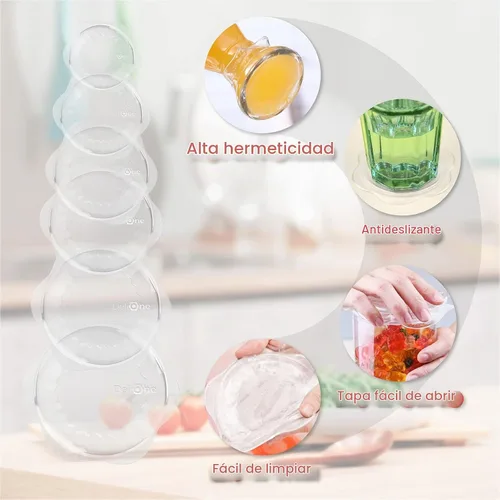 Vista 4 de DeliOne Tapas elásticas de silicona para almacenamiento de alimentos en la cocina, duraderas, reutilizables y expandibles para recipientes de tazas