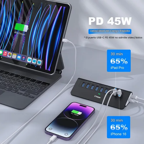 Vista 3 de Hub USB alimentado de 10 Gbps, intpw YH6AC Divisor USB de 9 puertos con USB A/USB C 3.2, 4 USB 3.0, 2 puertos de carga PD de 45 W, adaptador