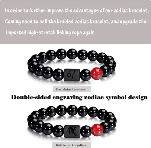 Vista 2 de VLINRAS - Pulsera de signo del zodiaco, para hombre y mujer, de 0.315 y 0.394 pulgadas, ónice negro natural, signo de estrella, constelación