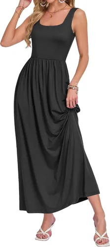 Vista 4 de AUSELILY Vestido largo con cuello cuadrado para mujer, sin mangas, floral, holgado, con bolsillos