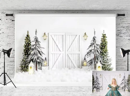 Vista 19 de Kate Telón de fondo de fotos de casa de campo de Navidad, fondo de puerta rosa, nieve blanca, árboles de Navidad, fondo de fotos, accesorios de 5