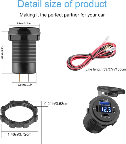 Vista 5 de Toma de corriente USB de 12 V, enchufe de cargador de coche USB C dual y puerto de carga rápida 3.0 con voltímetro e interruptor de alimentación