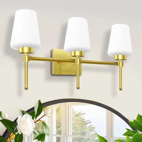 Vista 6 de Lámpara de baño de latón cepillado, 3 luces de 24 pulgadas, aplique de pared moderno con pantalla de vidrio para sobre el espejo, clasificación