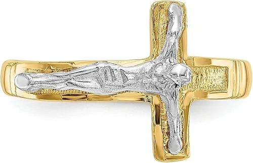 Vista 5 de Anillo religioso de oro amarillo de 14 quilates dos tonos cruz de crucifijo para hombre talla 900 joyería fina para papá regalos para él Oro