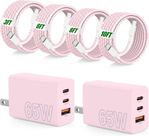 Vista 24 de USB C de carga súper rápida de 65 W para iPhone 17 16 Pro Max, bloque de carga USB C de 3 puertos de 100 W y cable trenzado tipo C de 3/6/6/10 pies