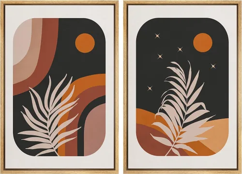 Vista 86 de SIGNFORD Lienzo enmarcado para pared, juego de arte geométrico retro de mediados de siglo, plantas forestales, ilustraciones con formas abstractas