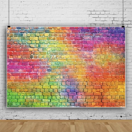 Vista 4 de Fondo de pared de ladrillo colorido de 10 x 8 pies, fondo de pared de ladrillo de piedra temática retro para fiestas temáticas de los años 80 y 90