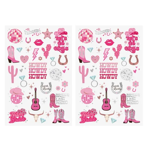 Vista 8 de Flash Tattoos Disco - Tatuajes temporales para niña de vaca 66 tatuajes metálicos Vaquera, decoración de fiesta de Bach, Giddy Up, regalo