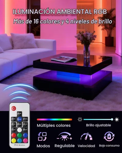 Vista 3 de FKWin Mesa de salón negra – Mesa de centro LED con luces, mesa de centro negra moderna contemporánea, mesa central cuadrada de superficie de alto