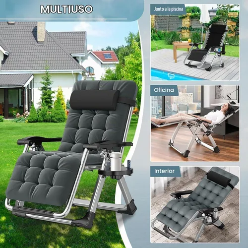Vista 4 de ABORON Silla Zero Gravity, reclinable ajustable para exteriores con cojín extraíble, reposacabezas y bandeja lateral, silla de descanso plegable