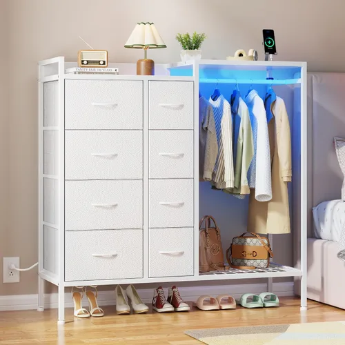 Vista 10 de HIGDBFE Cómoda con estante para colgar, cómoda de 8 cajones para dormitorio con estación de carga y luces LED, cómoda de tela con zapatero, cómoda