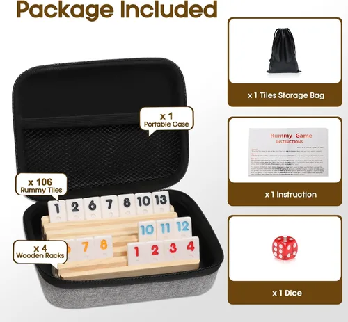 Vista 4 de Mini Travel Rummy Cube Set con 4 estantes de madera, 106 fichas de juego Rummy con estuche portátil para juegos de mesa clásicos en familia