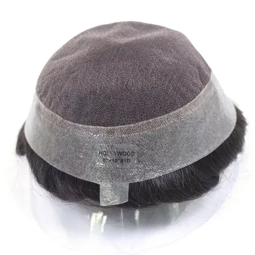 Vista 7 de HAPPY&CC Toupee - Sistema de reemplazo de cabello humano real para hombre, transpirable, piel fina, encaje suizo, densidad media de luz