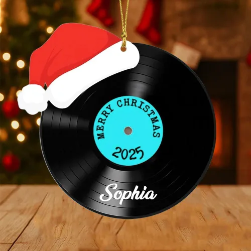 Vista 2 de Adorno de Disco de Vinilo Retro Personalizado 2025, Adorno de Músico Personalizado para Amantes de la Música, Decoración de Árbol de Navidad