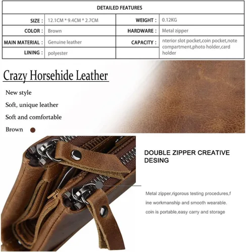 Vista 6 de Monedero plegable para hombre, de piel auténtica, con cremallera, cambio, monedero