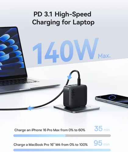 Vista 2 de Baseus PD3.1 140W Cargador USB C, Cargador Rápido PPS Tipo C, Bloque de Carga Rápida para MacBook Air/Pro, Pixelbook, iPad, iPhone Serie 17/16