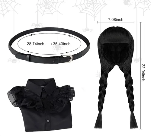 Vista 7 de Disfraz de Miércoles Negro para Niñas para Niñas, Halloween, cosplay, Vestidos de fiesta familiar con cinturón y peluca de 4 a 13 años