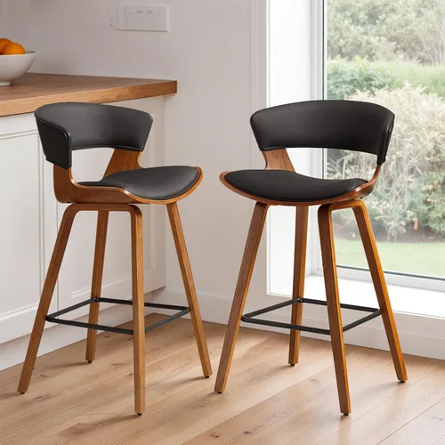 Vista 9 de Zouron Juego de 4 taburetes de mostrador, taburetes de bar de piel sintética para isla de cocina, sillas de bar modernas de mediados de siglo