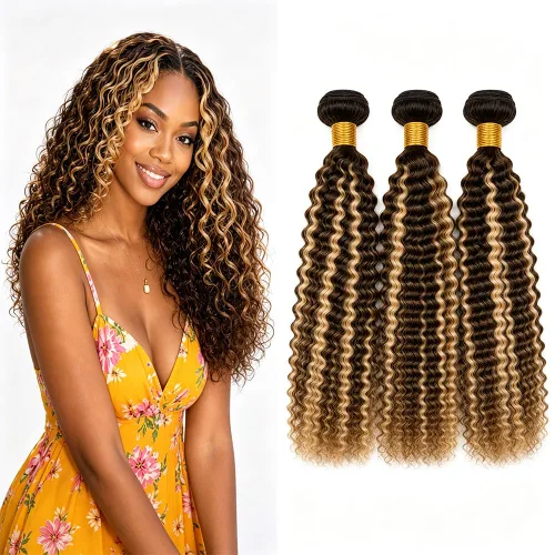 Vista 203 de P4613 Cabello humano rizado onda profunda marrón y paquetes mixtos 8 10 12 P4613 Ombre Marrón-Rubio-DP