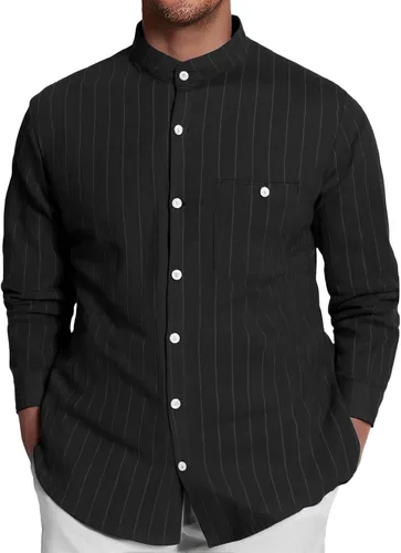 Vista 5 de Camisa de lino para hombre, manga larga, casual, a rayas, con botones, para playa, verano y boda