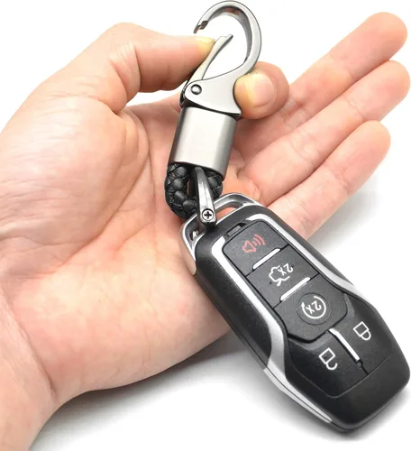 Vista 4 de Llavero de cuero para automóvil con anillo en D para hombres y mujeres, 1 paquete negro, giratorio de 360 grados, con destornillador