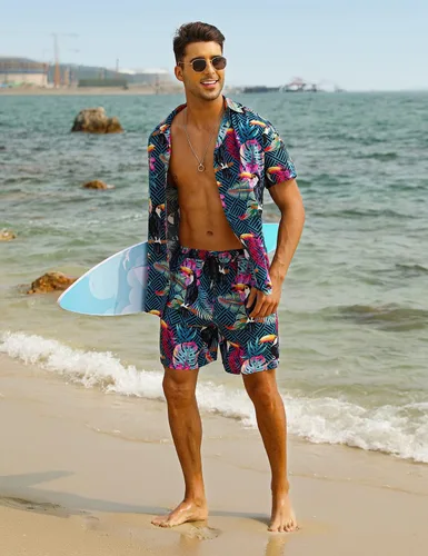 Vista 4 de EISHOPEER Conjunto hawaiano de flores para hombre, camisa de manga corta y pantalones cortos, trajes con sombreros de pescador