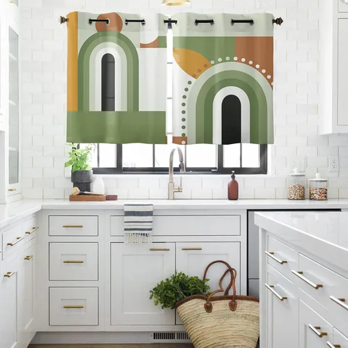 Vista 10 de Libaoge Curtains Panels for Kitchen Mid-Century Modern Art Geometric Abstract Green Window Curtains Light Filtering Grommet Top Drapes for Bedroom