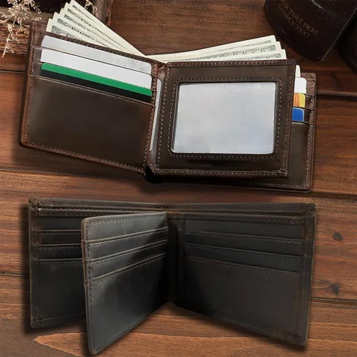 Vista 4 de HRS Cartera de cuero genuino para hombre, Marrón, 12 ranuras para tarjetas