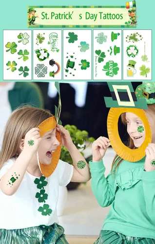Vista 5 de Tatuajes del día de San Patricio, trébol temporal, tatuajes de trébol temporales, tatuajes de la suerte de trébol impermeable para adultos y niños