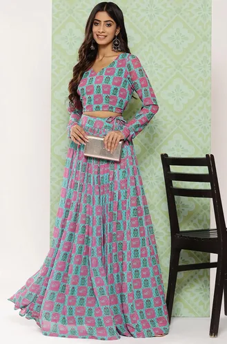 Vista 3 de Janasya Lehenga Choli estampado étnico digital de Georgette verde salvia para mujer