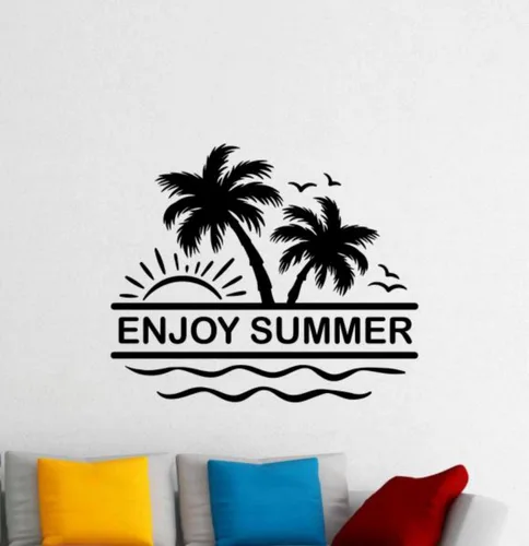 Vista 2 de Calcomanía de vinilo personalizada para pared de playa, decoración de playa, letrero de bienvenida, pájaros, isla, ondas, sol, palmera, arte