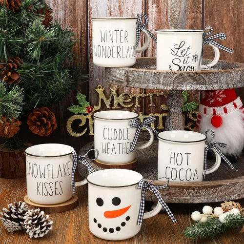 Vista 4 de Whaline 6 mini tazas de café de invierno con cinta para decoración de bandeja escalonada, muñeco de nieve blanco para invierno, Navidad, centros