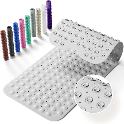 Vista 9 de Alfombrilla antideslizante para bañera, extra grande de 39x16 pulgadas con agujeros de drenaje y ventosas, lavable a máquina, color negro