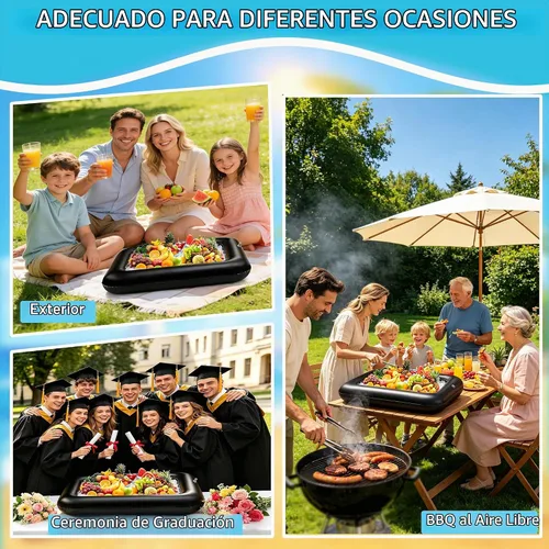 Vista 6 de Barra inflable para servir, juegos de servir ensaladas, bar, bufé, alimentos, bebidas, mesa inflable para piscina, bandeja de hielo fácil de inflar