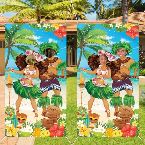 Vista 7 de HiParty Decoraciones de fiesta hawaiana Luau, pancarta de fotos de pareja Luau, accesorios de fotos de Tiki Luau para fiesta en la playa, pancarta