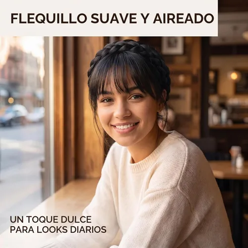 Vista 4 de Jowxsx Extensiones de cabello humano 100% negro, con clip, color negro medio, fleco con flequillo, con red agradable, flequillo plano natural