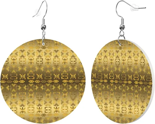 Vista 2 de Aretes redondos de cuero, patrón étnico africano con símbolos Adinkra, aretes colgantes de piel sintética para mujeres y niñas, Cuero sintético, No