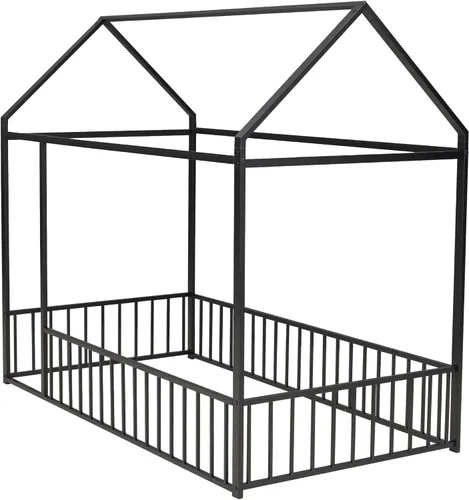 Vista 6 de HAUSHECK Montessori Cama para niños pequeños, cama de piso tamaño individual para niños y niñas, camas Montessori con rieles y techo, marco de cama