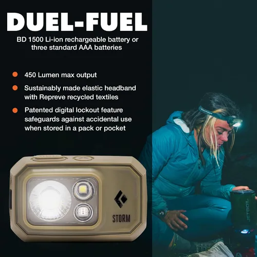 Vista 2 de BLACK DIAMOND Storm 450 Linterna de Cabeza Flujo Luminoso de 450 Lúmenes Impermeable y Ajustable Funciona con 3 Pilas AAA