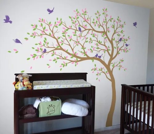 Vista 17 de Calcomanías de pared para árbol grande, calcomanías de árbol inclinado con pájaros, mural de vinilo decorativo KW032