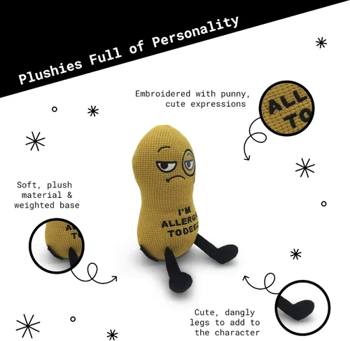 Vista 3 de Punchkins Peluche de maní – Peluche divertido con texto en inglés «I'm Allergic to Deez», regalo para los amantes del humor, bonito juguete