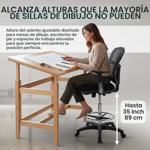 Vista 4 de Silla de dibujo con anillo para el pie, taburete de redacción con respaldo de malla, altura ajustable, brazos extraíbles silla giratoria para Negro
